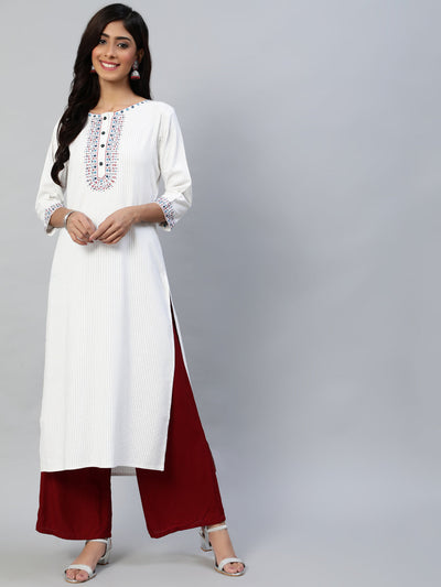 Women Off White Embroidered Straight Kurta With Three Quarter Sleeves