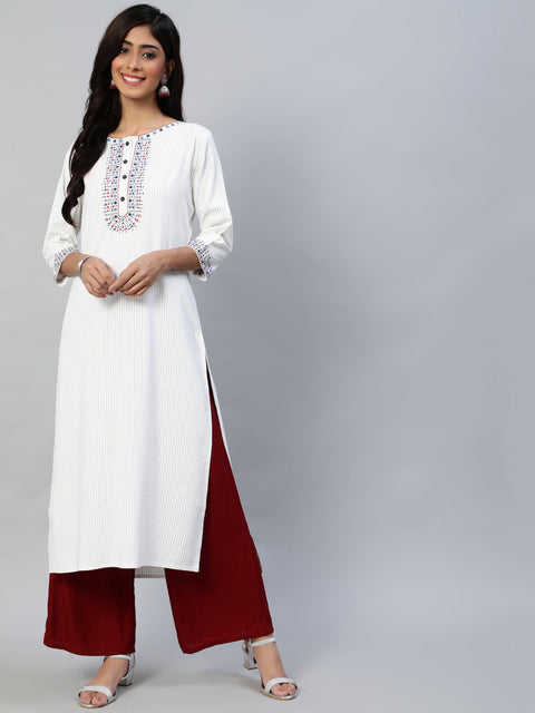 Women Off White Embroidered Straight Kurta With Three Quarter Sleeves