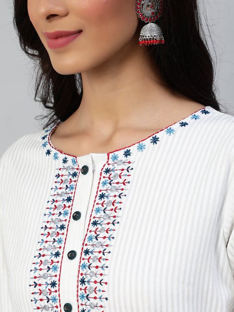 Women Off White Embroidered Straight Kurta With Three Quarter Sleeves