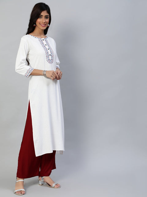 Women Off White Embroidered Straight Kurta With Three Quarter Sleeves