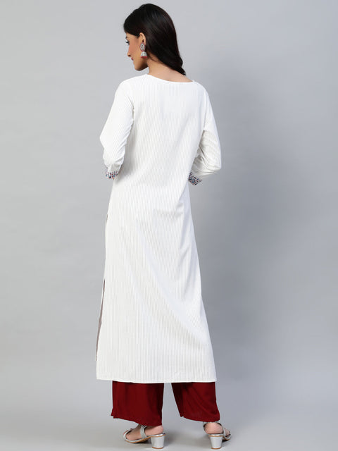Women Off White Embroidered Straight Kurta With Three Quarter Sleeves