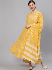 Women Yellow Printed Anarkali Kurta With Plazo & Dupatta