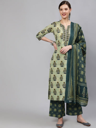 Women Green Printed Straight Kurta With Plazo & Dupatta