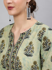 Women Green Printed Straight Kurta With Plazo & Dupatta
