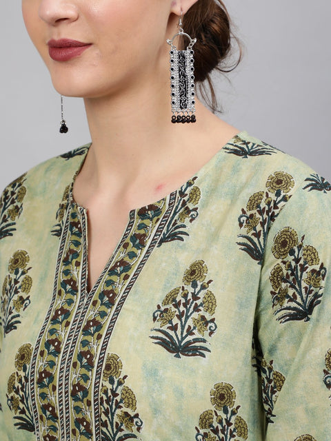 Women Green Printed Straight Kurta With Plazo & Dupatta