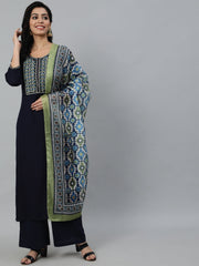 Women Navy Blue Embroidered With Plazo & Printed Dupatta