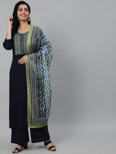Women Navy Blue Embroidered With Plazo & Printed Dupatta