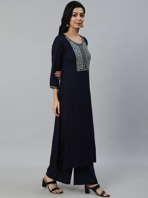 Women Navy Blue Embroidered With Plazo & Printed Dupatta