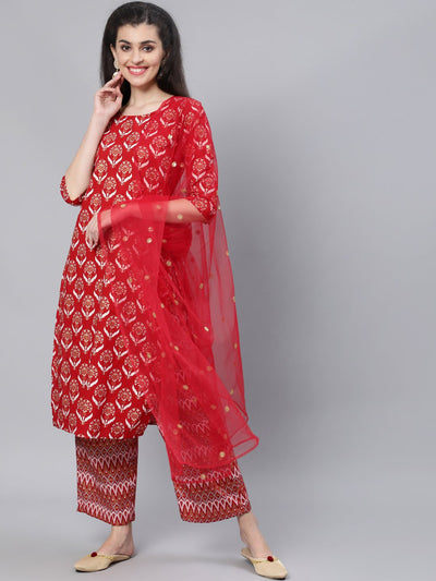 Women Red Straight Kurta With Plazo & Sequened Dupatta