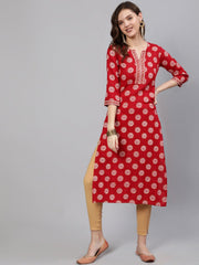 Women Red & Gold Printed  Straight Kurta With Half Sleeves