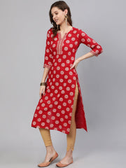 Women Red & Gold Printed  Straight Kurta With Half Sleeves