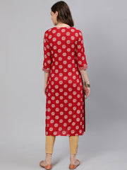 Women Red & Gold Printed  Straight Kurta With Half Sleeves