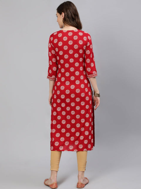 Women Red & Gold Printed  Straight Kurta With Half Sleeves