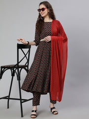 Women Black Printed Flared Kurta With Trouser & Dupatta
