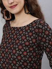 Women Black Printed Flared Kurta With Trouser & Dupatta