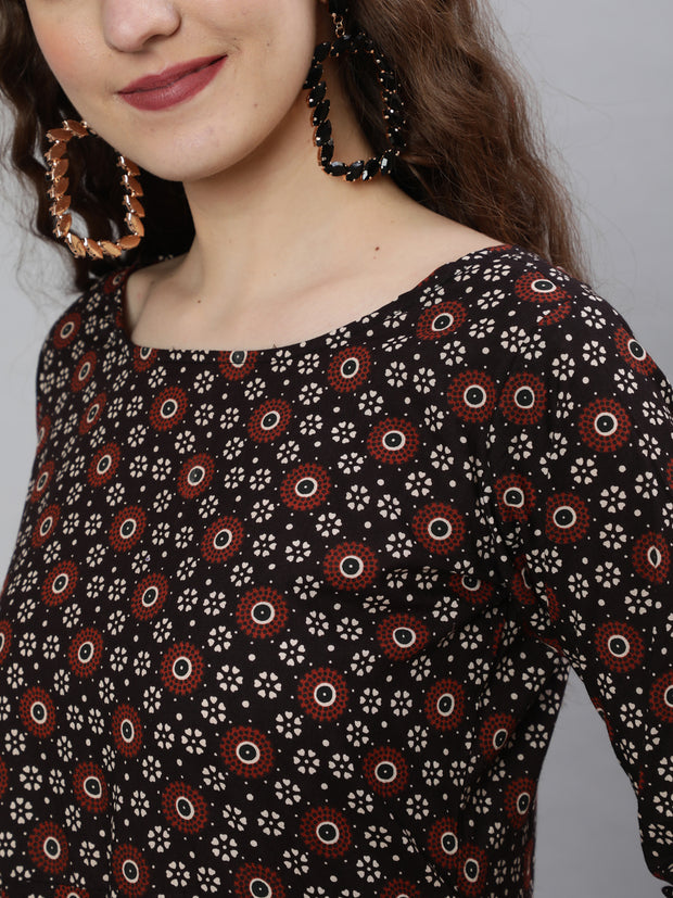 Women Black Printed Flared Kurta With Trouser & Dupatta