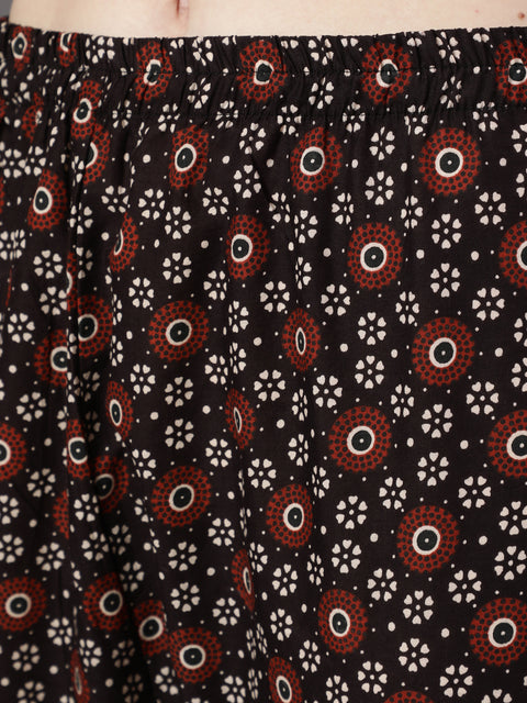 Women Black Printed Flared Kurta With Trouser & Dupatta