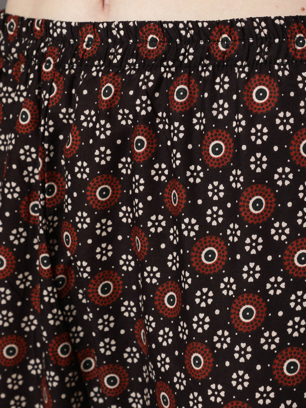 Women Black Printed Flared Kurta With Trouser & Dupatta