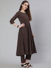 Women Black Printed Flared Kurta With Trouser & Dupatta