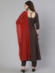 Women Black Printed Flared Kurta With Trouser & Dupatta