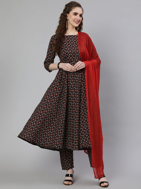 Women Black Printed Flared Kurta With Trouser & Dupatta