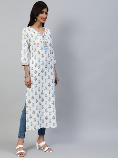 Women Off White Printed Straight Kurta With Three Quarter Sleeves