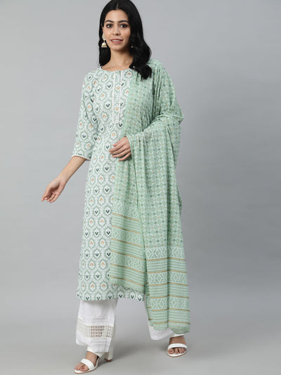 Women Green Printed Straight Kurta With Plazo & Dupatta