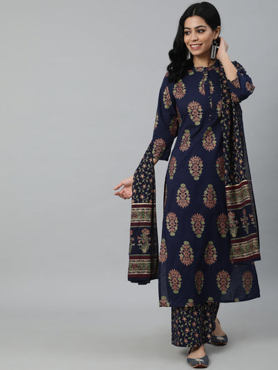 Women Blue & Gold Printed Straight Kurta With Plazo & Dupatta