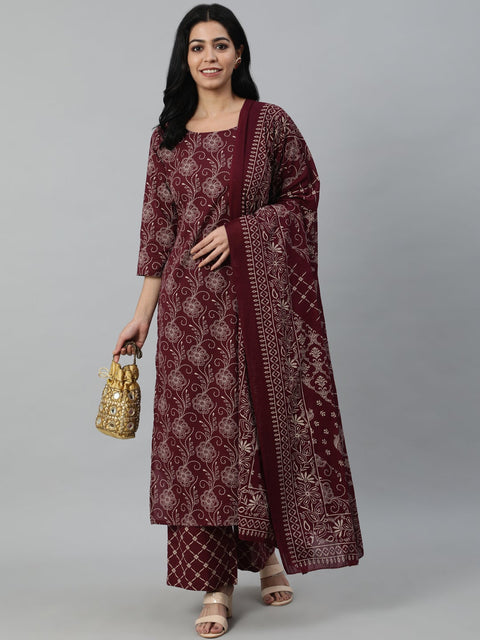 Women Burgundy & Beige Motifs Printed Pure Cotton Kurta With Plazzos And Dupatta