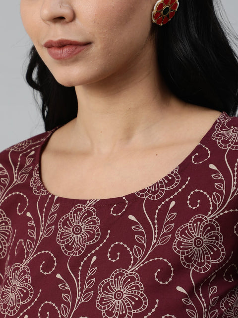 Women Burgundy & Beige Motifs Printed Pure Cotton Kurta With Plazzos And Dupatta