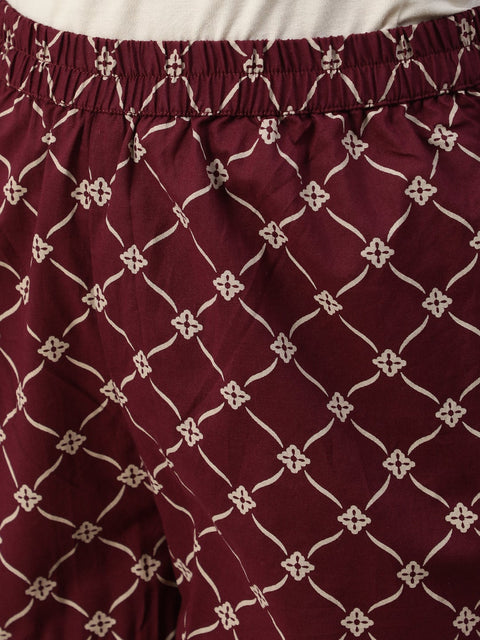Women Burgundy & Beige Motifs Printed Pure Cotton Kurta With Plazzos And Dupatta