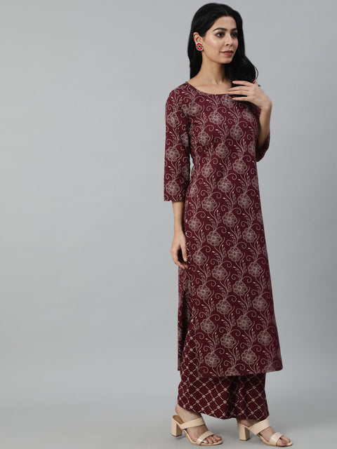 Women Burgundy & Beige Motifs Printed Pure Cotton Kurta With Plazzos And Dupatta