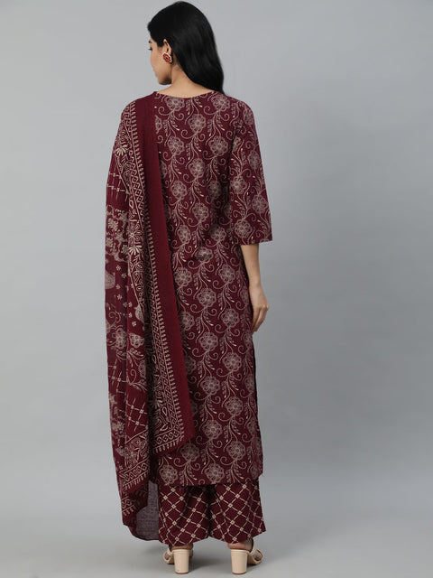 Women Burgundy & Beige Motifs Printed Pure Cotton Kurta With Plazzos And Dupatta