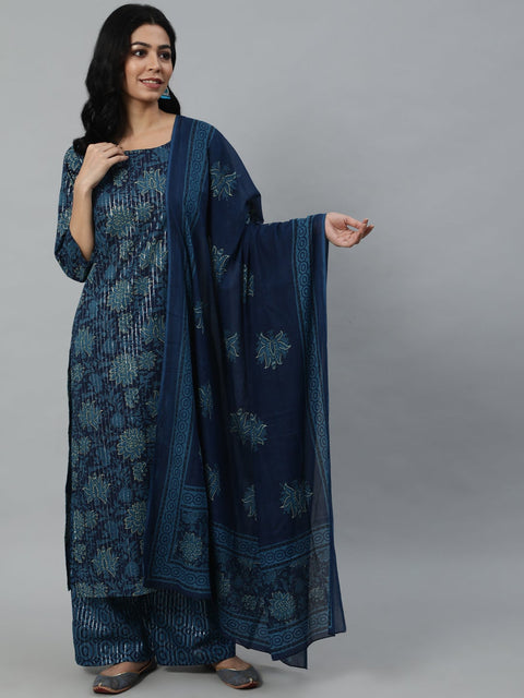 Women Blue Printed Straight Kurta With Plazo & Dupatta