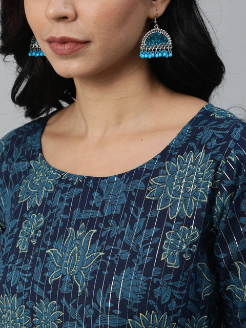 Women Blue Printed Straight Kurta With Plazo & Dupatta