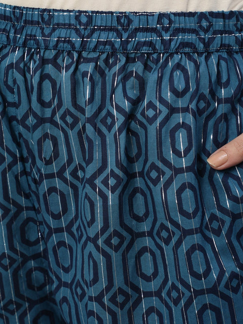 Women Blue Printed Straight Kurta With Plazo & Dupatta