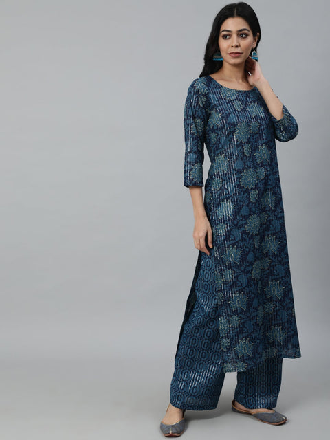 Women Blue Printed Straight Kurta With Plazo & Dupatta