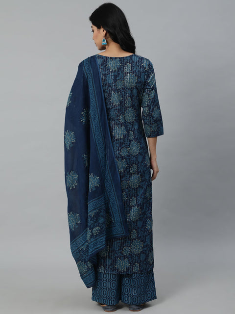 Women Blue Printed Straight Kurta With Plazo & Dupatta