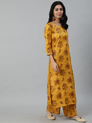 Women Mustard Yellow Ethnic Motifs Printed Layered Pure Cotton Kurta With Plazzos & Dupatta