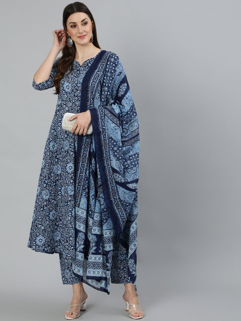 Women Blue Ethnic Motifs Printed  Pure Cotton Kurta with Palazzos & Dupatta