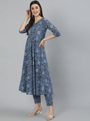 Women Blue Ethnic Motifs Printed  Pure Cotton Kurta with Palazzos & Dupatta