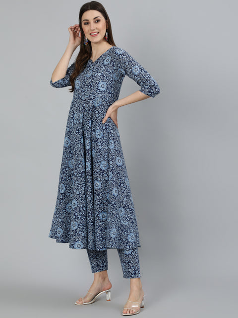 Women Blue Ethnic Motifs Printed  Pure Cotton Kurta with Palazzos & Dupatta