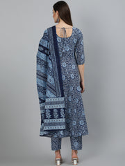 Women Blue Ethnic Motifs Printed  Pure Cotton Kurta with Palazzos & Dupatta
