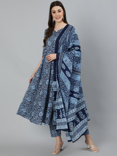 Women Blue Ethnic Motifs Printed  Pure Cotton Kurta with Palazzos & Dupatta
