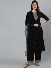 Women Black Embroidered Straight Kurta With Plazo & Dupatta