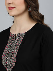 Women Black Embroidered Straight Kurta With Plazo & Dupatta