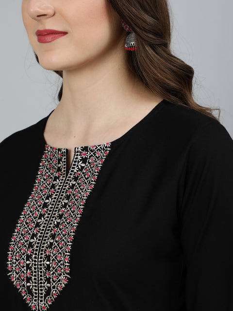 Women Black Embroidered Straight Kurta With Plazo & Dupatta