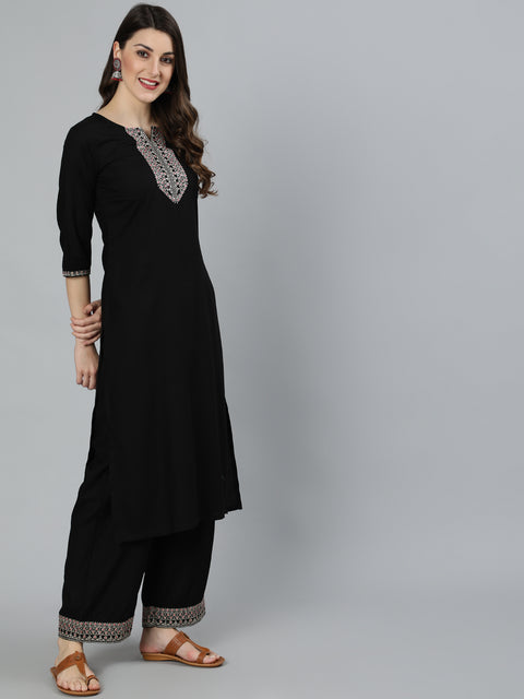 Women Black Embroidered Straight Kurta With Plazo & Dupatta