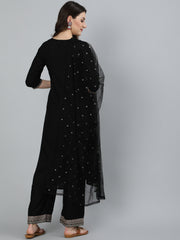 Women Black Embroidered Straight Kurta With Plazo & Dupatta