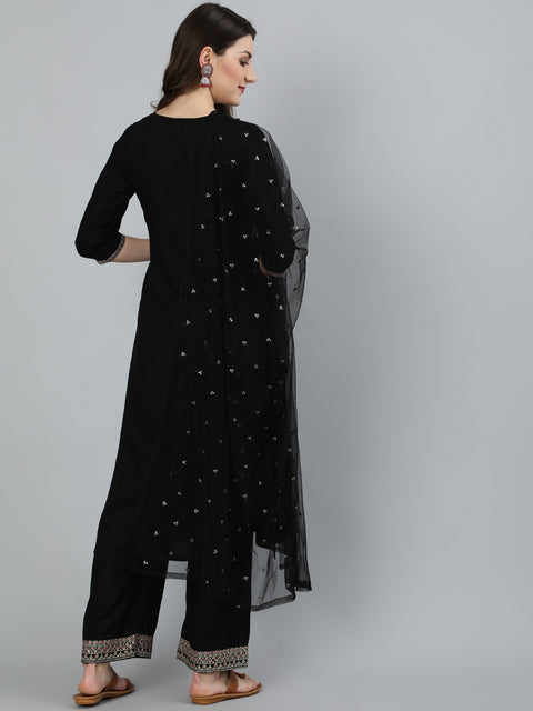 Women Black Embroidered Straight Kurta With Plazo & Dupatta